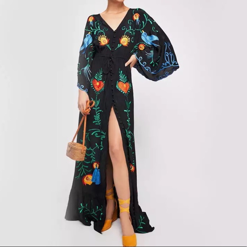 Bohemian Embroidered Black Hearts Magic Long Maxi Gown In Black 5 Star ⭐️ Maxi - Picture 2 of 10